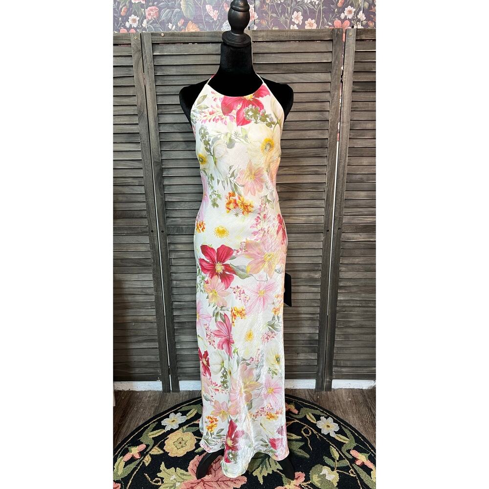 Lulus Sidney Ivory Multi Floral Halter Maxi Dress XL NWT Open Back Side Zip - Picture 4 of 11